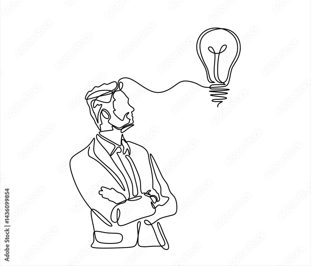 Poster continuous single line sketch drawing of thinking man and brain bulb idea. one line art of business 