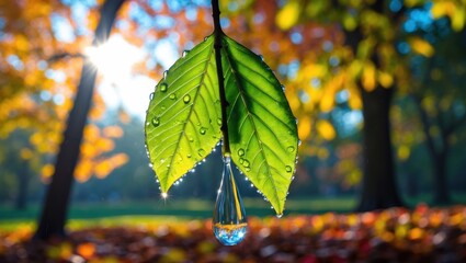 Obraz premium Leaf with Water Droplets in an Autumn Park Reflecting Foliage