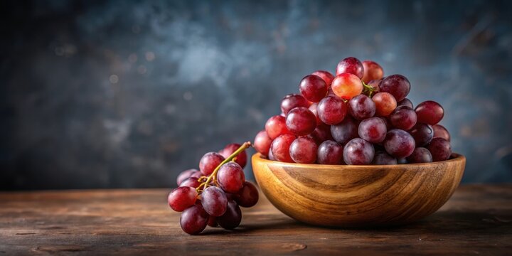 Fresh red grapes arranged artfully in a small wooden bowl with a minimalist background , natural, wood,  natural, wood, still life