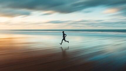 Runner on beach at sunset, ocean background, peaceful activity, healthy lifestyle imagery