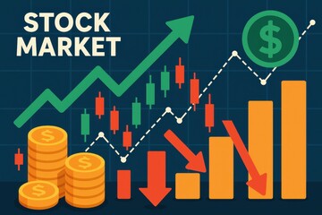 Stock Market Graph with Coins and Trend Arrows in Vibrant Colors