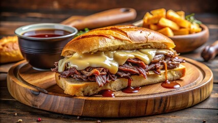 A juicy French Dip sandwich placed on a rustic wooden plate with melted cheese and crispy bread slices, surrounded by rich au jus sauce drips, restaurant, food