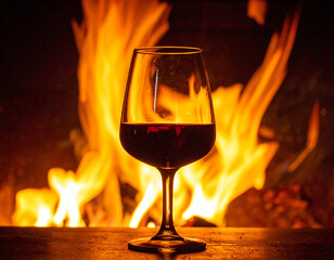 A close-up of a Malbec wine glass against a glowing fire, symbolizing Argentina's rich winemaking traditions and hospitality.