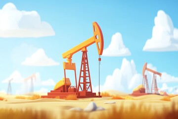Fototapeta premium Oil pumps working and extracting crude oil in a desert landscape under a cloudy sky