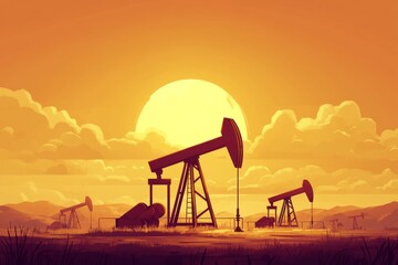 Oil pumps working at sunset in a desert landscape, extracting crude oil from the ground