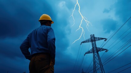 Fototapeta premium Power Line Worker Observing Lightning Storm