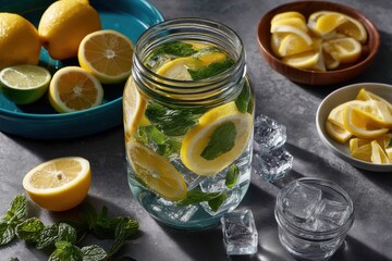 Lemon Water with Mint in Jar and Surroundings