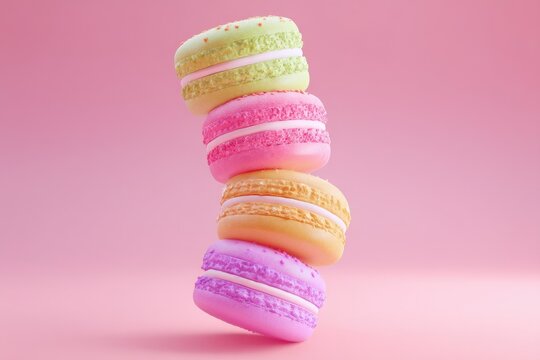 Delightful Macarons Stack: A tower of colorful, freshly baked macarons in pastel hues leans playfully against a seamless pink backdrop, offering a sweet and tempting treat.