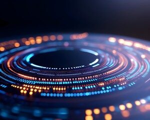 Glowing concentric circles of blue and orange light, creating a futuristic, technological abstract design