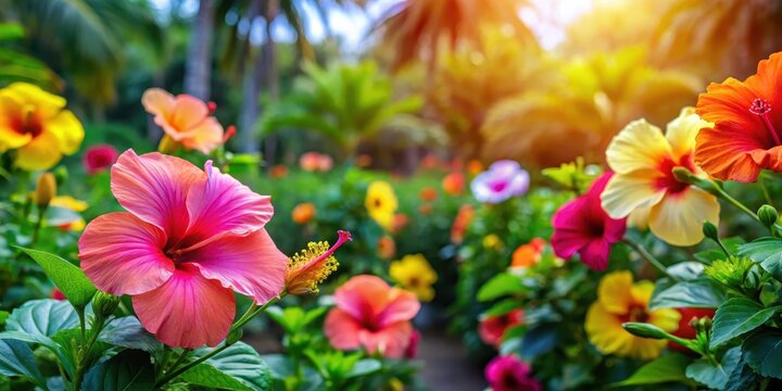 Fototapeta Colorful hibiscus flowers in a lush tropical garden,landscape,  landscape, greenery, floral, hibiscus,tropical, plants