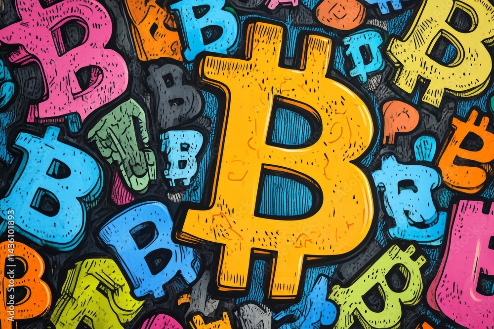 Poster large orange bitcoin symbol stands out against a vibrant backdrop of multicolored bitcoin signs, cre