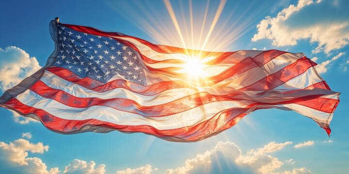 Vibrant sun shining through a delicate, translucent, and slightly wrinkled American flag with soft, gentle waves, evoking a sense of movement and freedom, against a bright blue sky with scattered, puf