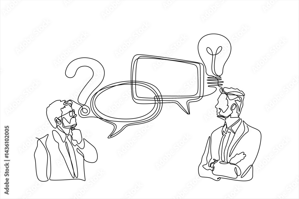 Aufkleber continuous line drawing of two businessman with speech bubble is drawn by a single black line on a w