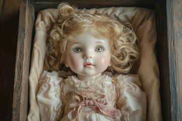 A porcelain doll with blonde curls, dressed in a delicate lace gown, rests inside an antique wooden box.