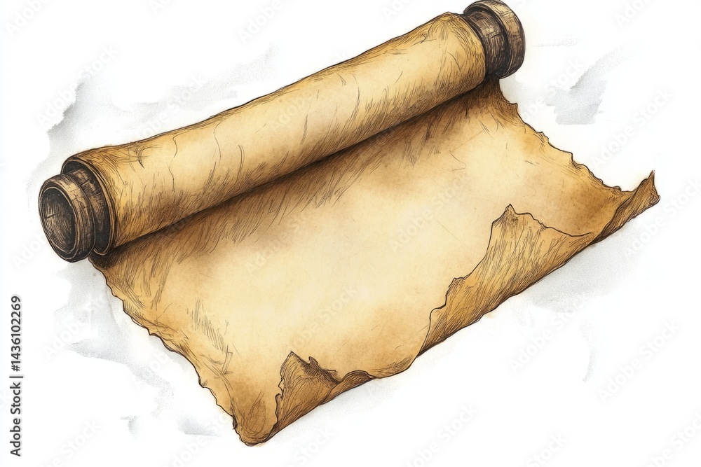Aufkleber hand-drawn illustration of a partially unrolled old paper scroll with blank space for text