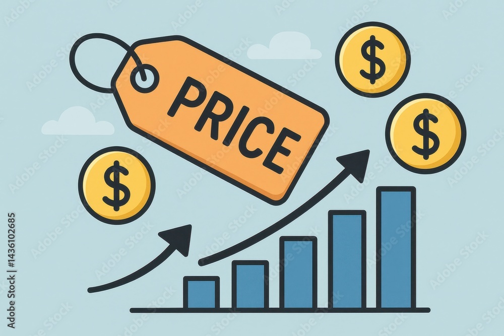 Poster price tag with chart and coins illustrating simple design concepts