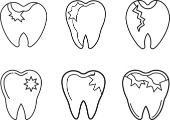 set of broken tooth line art, black outline, vector and illustration, coloring book page line art drawing