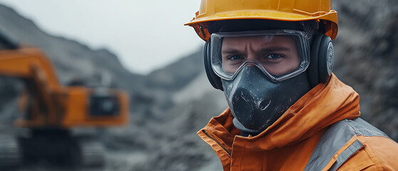 Miner in Protective Gear at a Construction Site