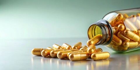 A bottle of folic acid capsules with vitamin composition pouring out onto a sterile surface