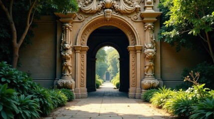 Naklejka premium Sunlit Pathway Through Ornate Archway in a Serene Garden Setting