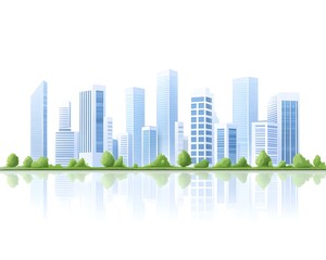 Obraz premium Modern city skyline reflected in water, with green spaces at the base