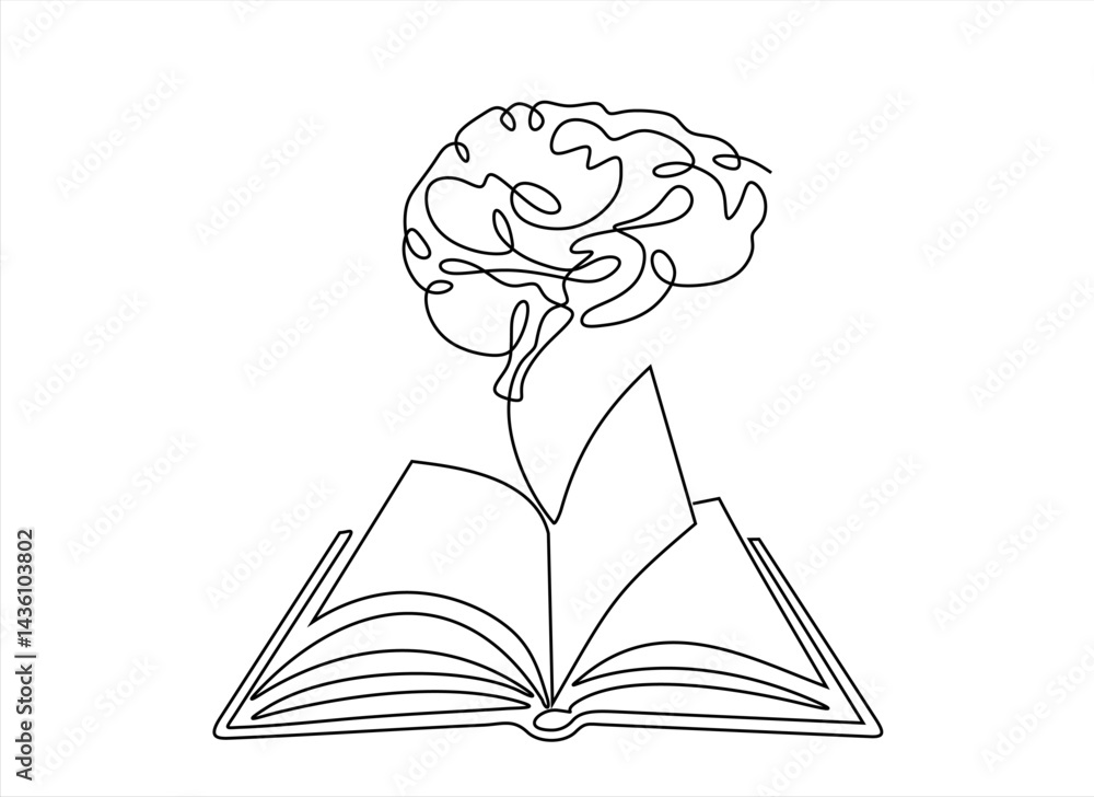 Poster open book lying down with human brain above continuous one line icon drawing. book with brain symbol