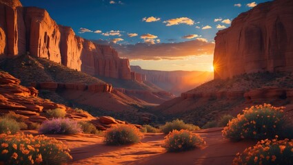 Desert Canyon Landscape at Sunset with Colorful Sky and Wildflowers
