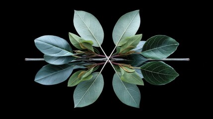 Symmetrical Arrangement of Fresh Green Leaves on Black Background