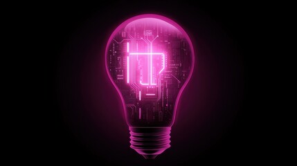 Abstract concept of modern technology: a bright glowing light bulb mockup with a detailed neon circuit board inside, floating in a dark purple atmospheric background.
