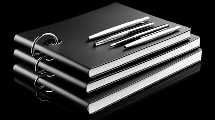 Three black notebooks stacked with pens on a reflective surface