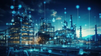 Fototapeta premium Modern factory, communication network. Telecommunication. IoT, Internet of Things, ICT, Information communication Technology,. Smart factory. Digital transformation, cloud connecting,