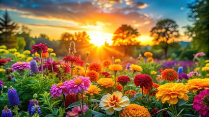 Fototapeta premium Vibrant flowers in a garden at sunset, vibrant colors, colorful garden