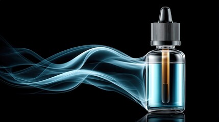 Transparent dropper bottle with blue liquid and flowing smoke effect
