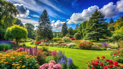 Vibrant flowers blooming in a lush garden surrounded by tall trees and a clear blue sky with a few white clouds , garden, colorful nature
