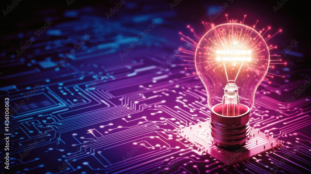 Poster conceptual stock image of a light bulb with a glowing circuit board core, surrounded by light trails