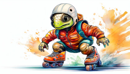 Roller-skating Turtle: A spirited turtle, geared up with a helmet and roller skates, dashes forward in a vivid action shot. conveying a message of fun, bravery, and resilience.