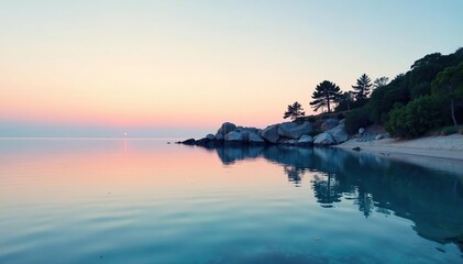 Obraz premium Distinctive shoreline shape reflected in tranquil water, stock, outdoor, rock
