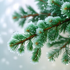 Obraz premium Icy Embrace: A close-up of frost-covered evergreen branch, a celebration of winter's beauty. Capture the essence of tranquility. 