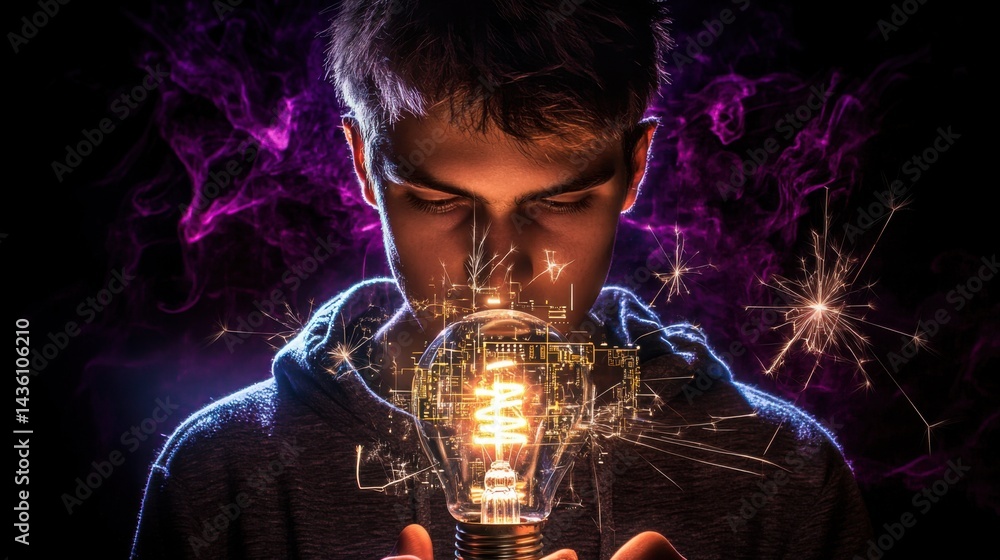 Poster conceptual stock image of a light bulb with a glowing circuit board core, surrounded by light trails
