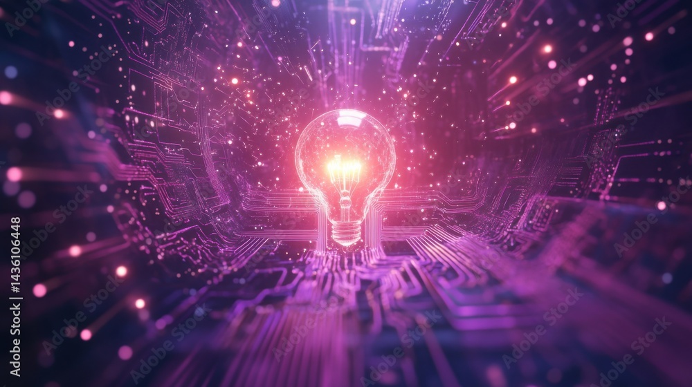 Poster conceptual stock image of a light bulb with a glowing circuit board core, surrounded by light trails