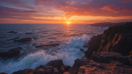 Obraz premium Ocean Waves Crashing on Rocky Coastline at Sunset with Vibrant Sky