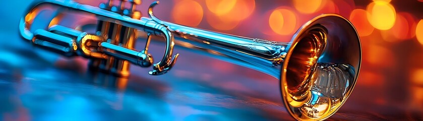 Shiny Golden Trumpet with Blue and Orange Background Illustration