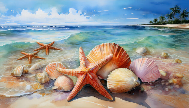 Seashell Symphony: Coastal scene of starfish and assorted shells on a sandy beach. Capturing the essence of a perfect seaside retreat. 