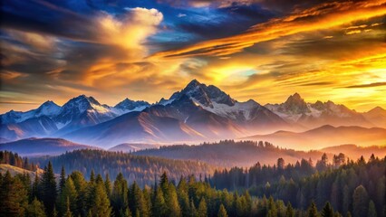 Obraz premium A mountain range at sunset, with warm golden hues giving way to soft blues and purples as the seasons shift from summer to winter , sunset colors, mountain scenery