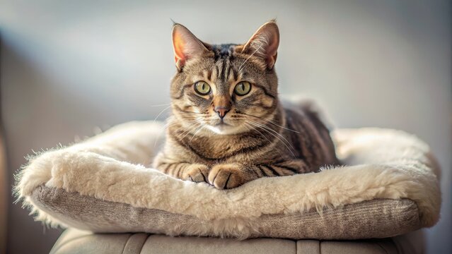 Soothing feline form reclining on a plush cushion , cats, comfort,  cats, comfort
