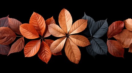 Vibrant Autumn Leaves on Black Background with Unique Patterns