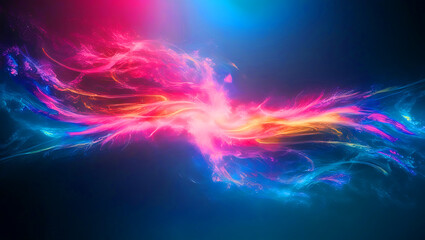 Abstract colorful design with light and smoke evokes a cosmic motion against a dark blue backdrop with star-like patterns