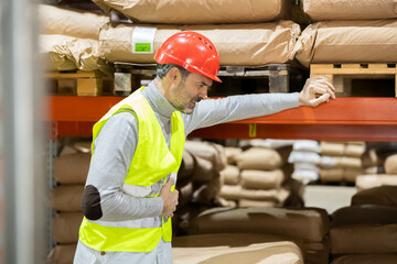 A warehouse worker leans against shelves, indicating possible health issues, underscoring the need for support in the workplace.heart or stomach problems at work