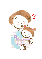 スリングで赤ちゃんを抱っこする驚いた顔の母親の手描きイラスト