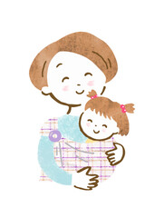 抱っこ紐で赤ちゃんを抱っこする笑顔の母親の手描きイラスト